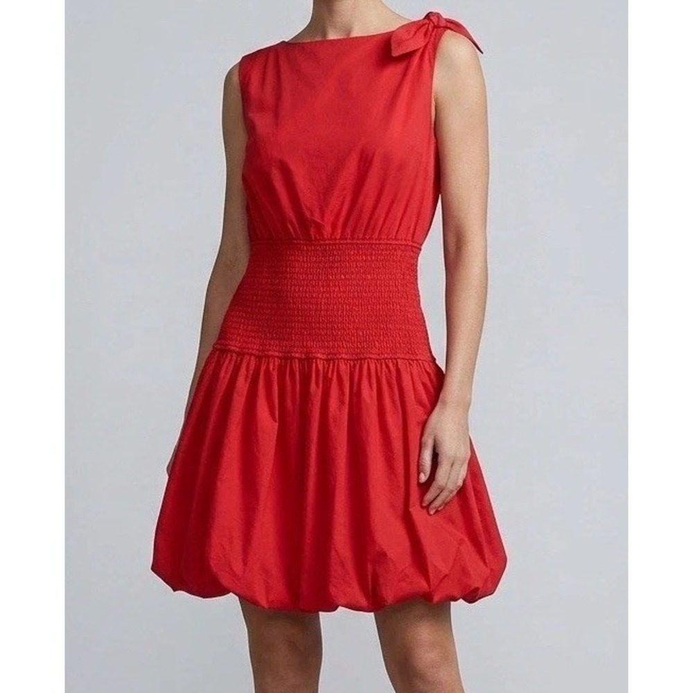 TCEC Red Sleeveless Short Dress S Satin Smocked Bow Bubble Hem Zip Boat Neck